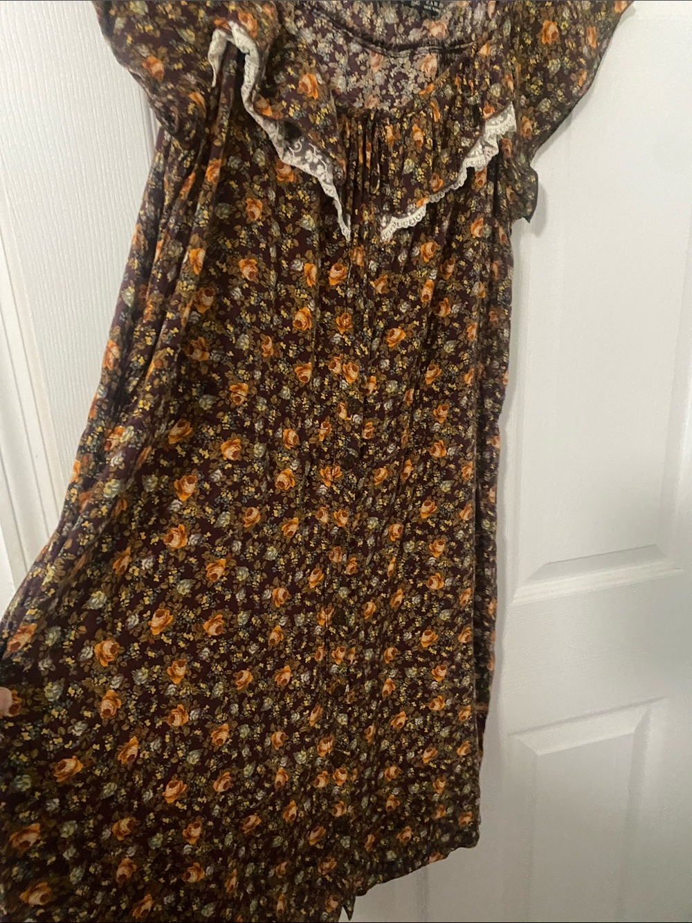 Zara Brown Floral Mini Sundress w Orange Accents ruffled scoop neck M ptp 19 - Picture 4 of 8